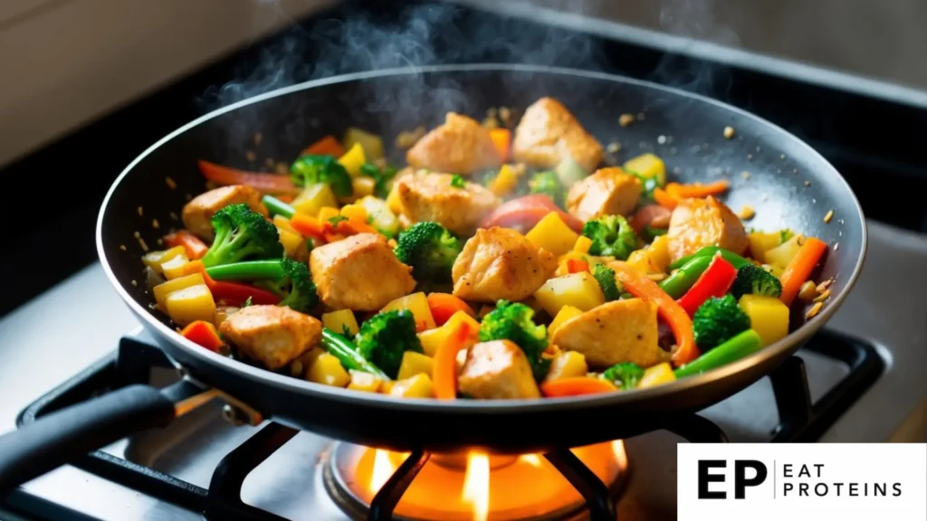 A sizzling stir-fry pan filled with colorful vegetables and chunks of chicken cooking over a hot flame