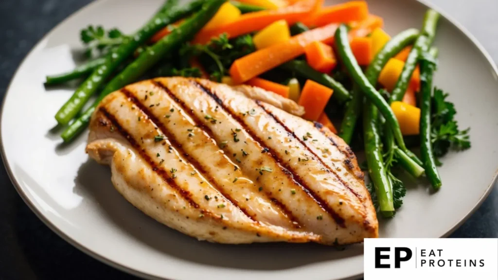 A grilled chicken breast sits on a plate surrounded by colorful steamed vegetables, creating a healthy and appetizing meal