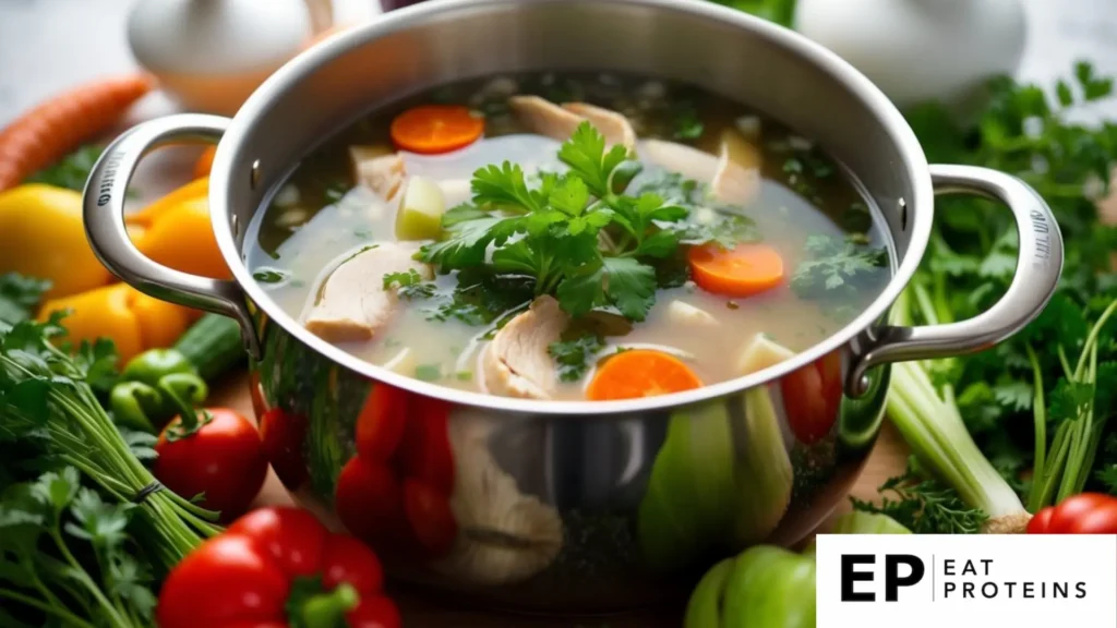 A simmering pot of chicken broth surrounded by fresh vegetables and herbs