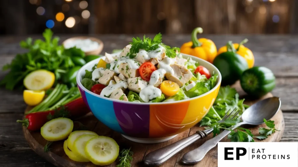 A colorful bowl of chicken salad with Greek yogurt dressing surrounded by fresh vegetables and herbs on a rustic wooden table