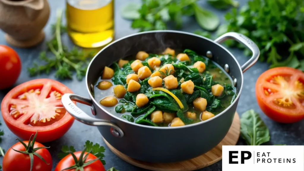 A simmering pot of chickpea and spinach stew surrounded by fresh Mediterranean ingredients like tomatoes, olive oil, and herbs