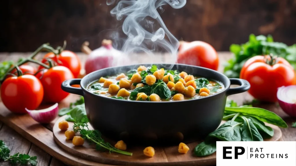 A steaming pot of chickpea and spinach stew surrounded by fresh ingredients like tomatoes, onions, and herbs on a rustic wooden table