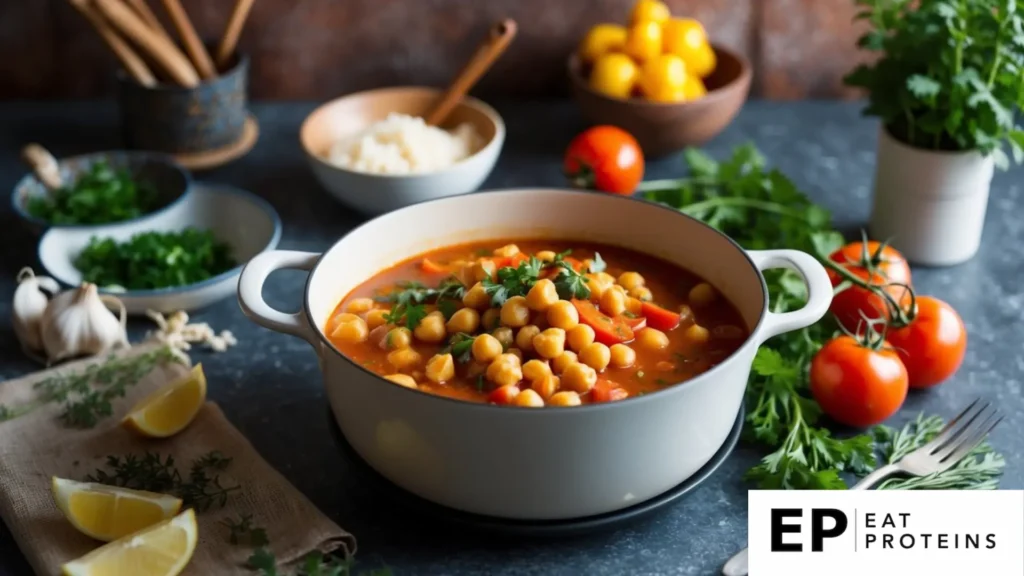 A simmering pot of chickpea and tomato stew surrounded by fresh ingredients and herbs on a rustic kitchen countertop