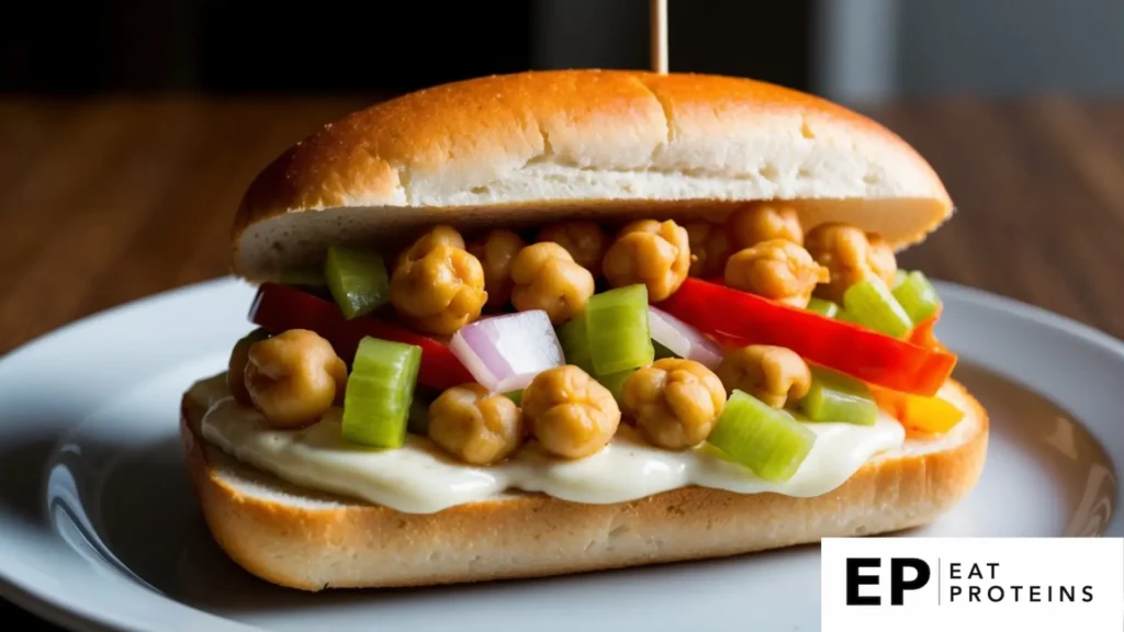 The image showcases a chickpea salad sandwich served on a hoagie roll. The sandwich contains chickpeas as the primary filling, combined with a mix of freshly cut vegetables like red bell peppers, celery, and red onions, providing a vibrant, colorful contrast. A generous layer of creamy dressing or mayonnaise is spread on the bread, enhancing the flavor and adding moisture. 