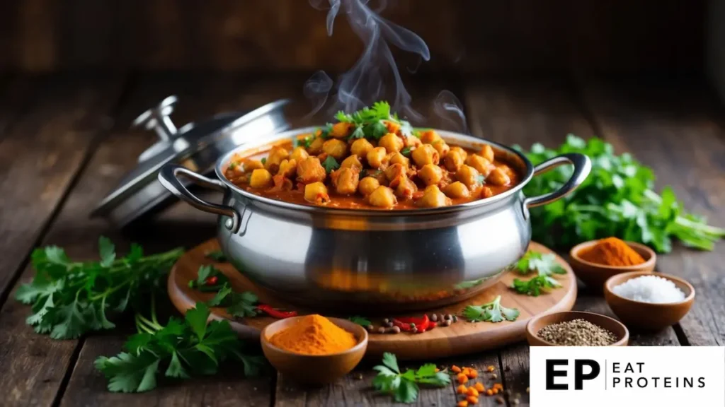 A steaming pot of chickpea tikka masala surrounded by vibrant spices and fresh herbs on a rustic wooden table