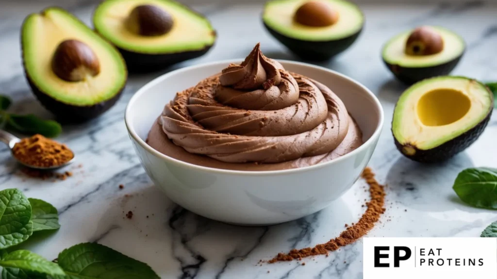 A bowl of rich, creamy chocolate avocado mousse sits on a marble countertop, surrounded by fresh avocado and cocoa powder