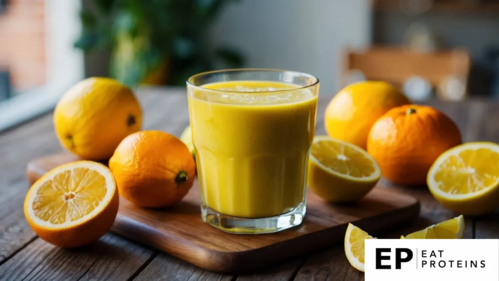 A glass of bright yellow citrus sunshine smoothie surrounded by fresh oranges and lemons on a wooden table