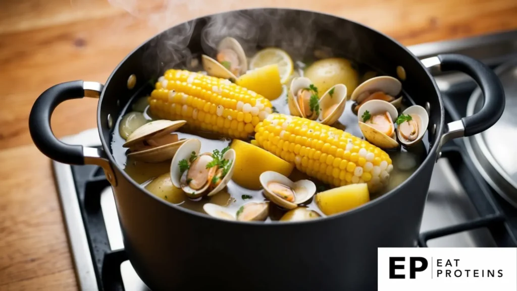 A pots of steaming seafood, vegetables, and corn, potatoes