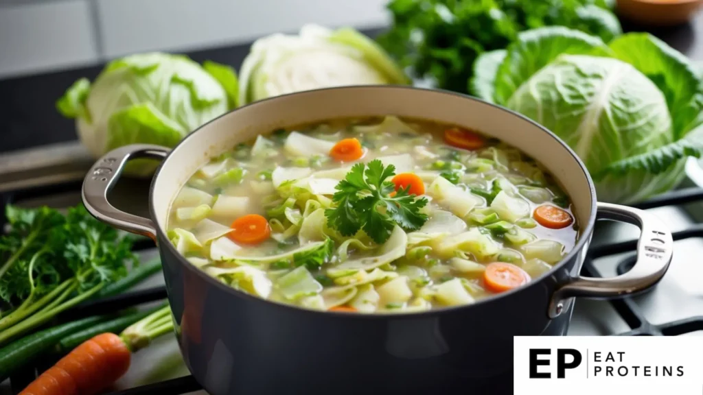 A pot of classic cabbage soup simmering on a stovetop, surrounded by fresh cabbage, carrots, and other vegetables