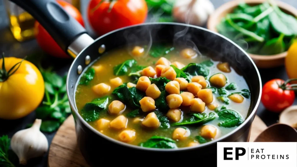 A steaming pot of chickpea and spinach soup surrounded by colorful Mediterranean ingredients like tomatoes, garlic, and olive oil. A rustic wooden spoon rests on the side