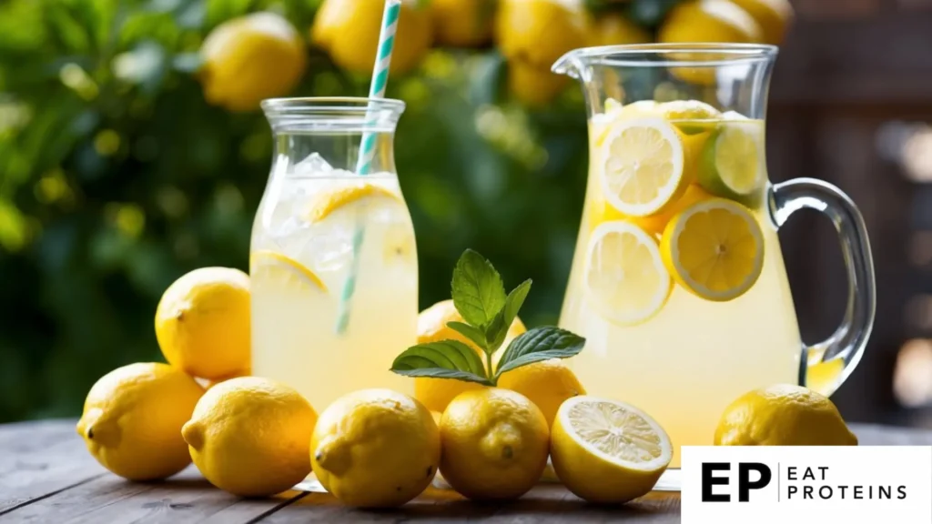 A pitcher of lemonade surrounded by fresh lemons, vibrant yellow lemons, and a sprig of mint on a wooden table