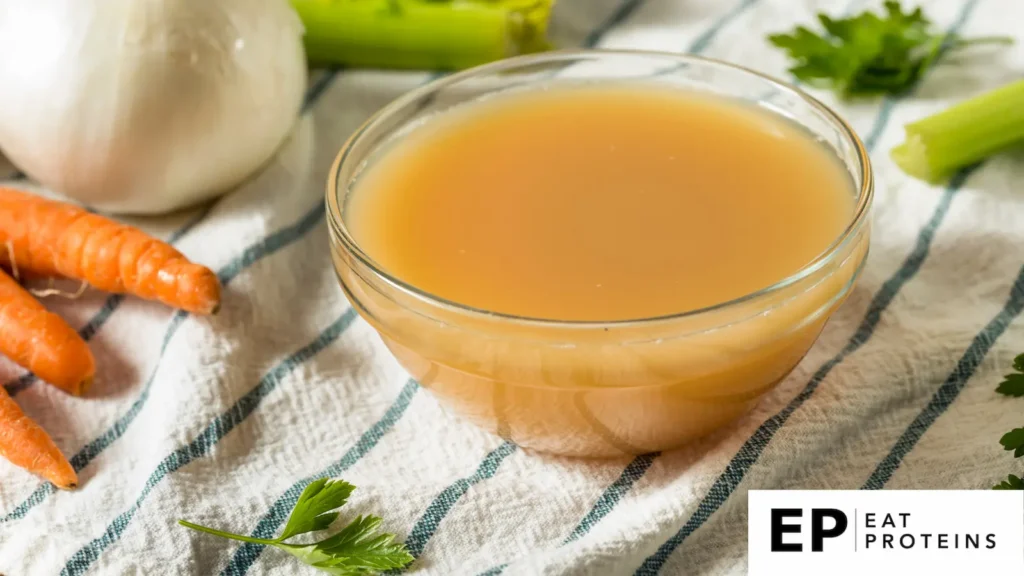 A steaming bowl of clear chicken broth surrounded by fresh ingredients and a recipe book titled "11 best liquid diet recipes."