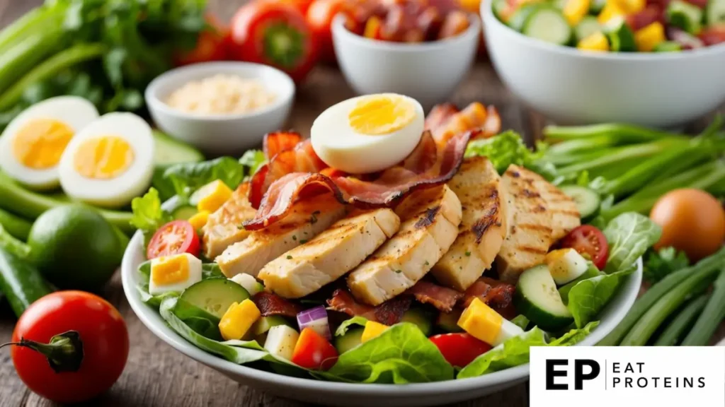 A colorful Cobb salad surrounded by fresh vegetables and topped with grilled chicken, bacon, and a hard-boiled egg