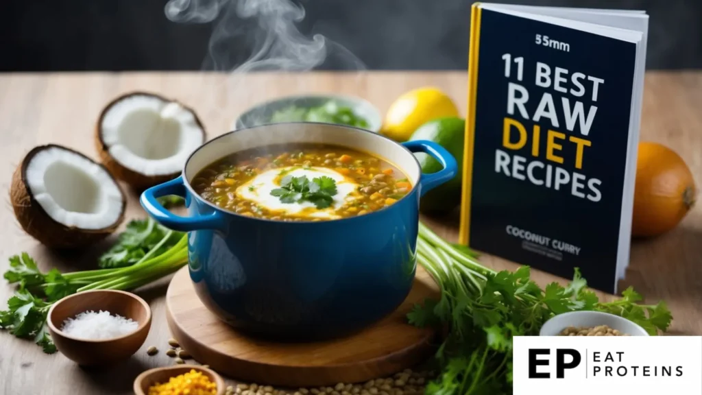 A steaming pot of coconut-curry lentil soup surrounded by fresh ingredients and a recipe book titled "11 best raw diet recipes."