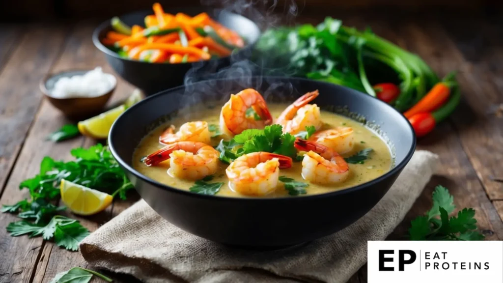 A steaming bowl of coconut-curry shrimp surrounded by vibrant vegetables and herbs on a rustic wooden table