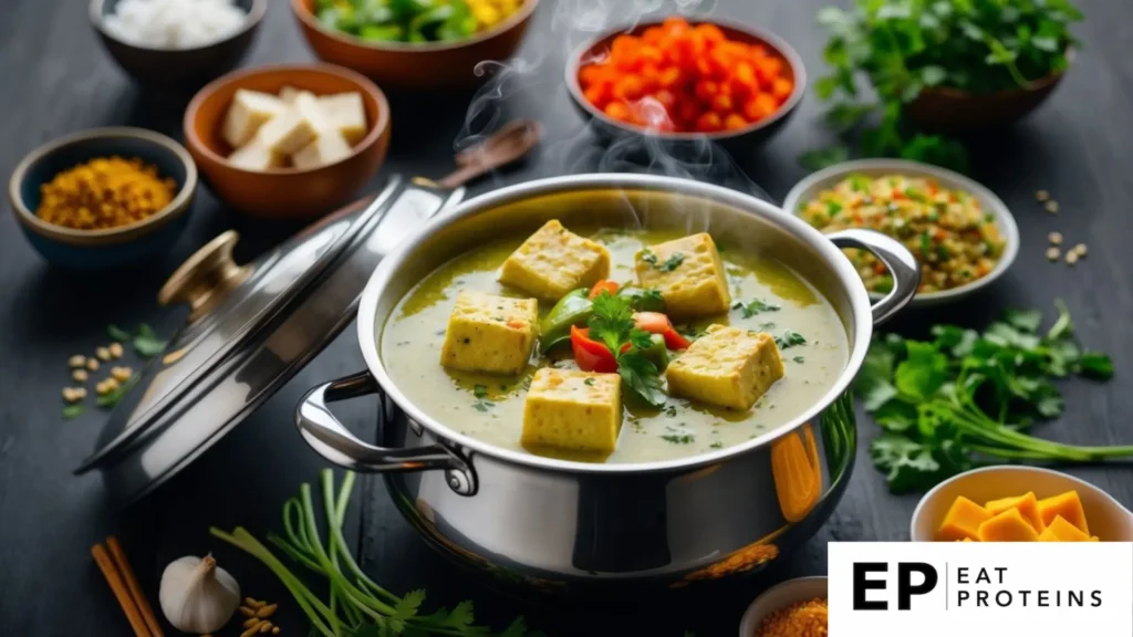 A steaming pot of coconut curry with tofu surrounded by colorful ingredients and herbs