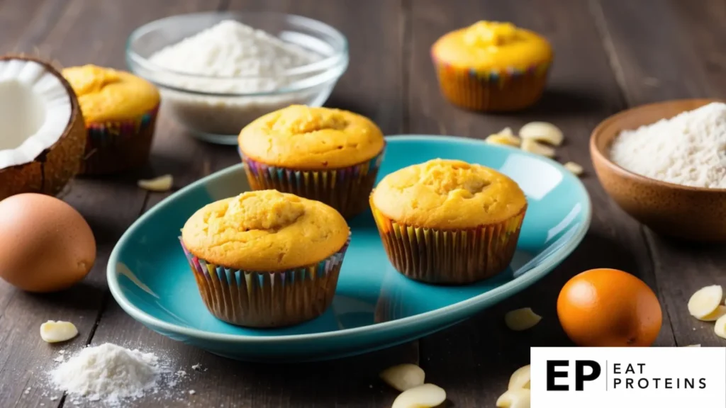 A table with coconut flour muffins surrounded by ingredients like coconut flour, eggs, and coconut oil