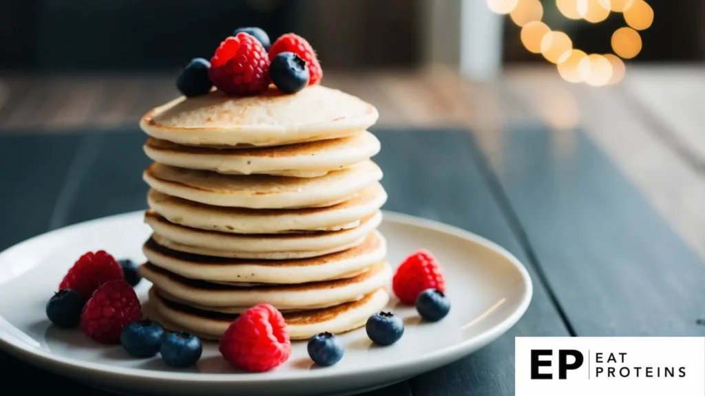 A stack of coconut flour pancakes topped with fresh berries on a white plate