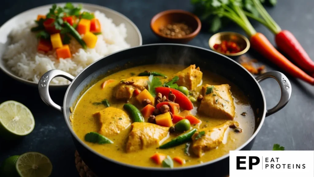 A simmering pot of coconut milk chicken curry with colorful vegetables and aromatic spices