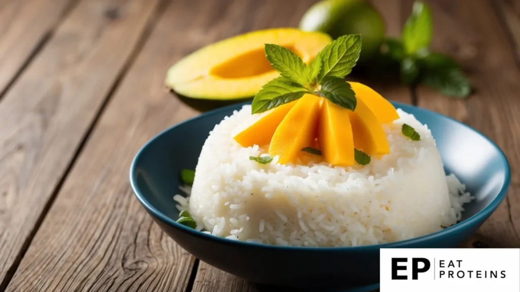 A bowl of coconut rice topped with sliced mango and garnished with mint leaves on a wooden table