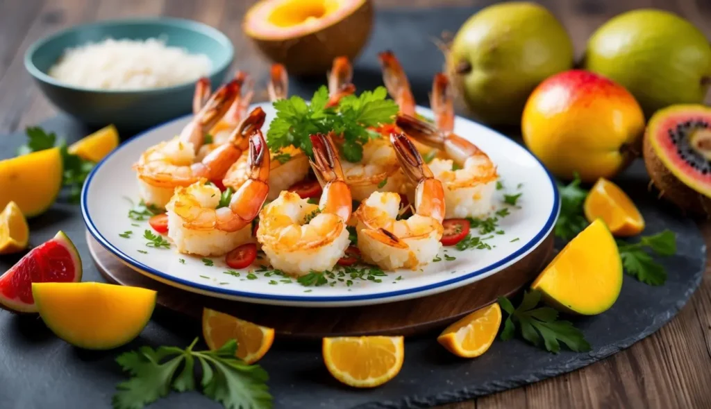 A plate of golden-brown coconut shrimp surrounded by colorful tropical fruits and garnished with fresh herbs