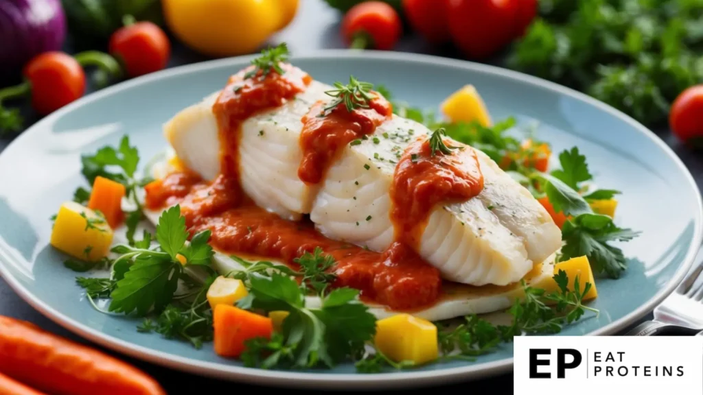 A plate of cod topped with red pepper sauce, surrounded by colorful vegetables and herbs