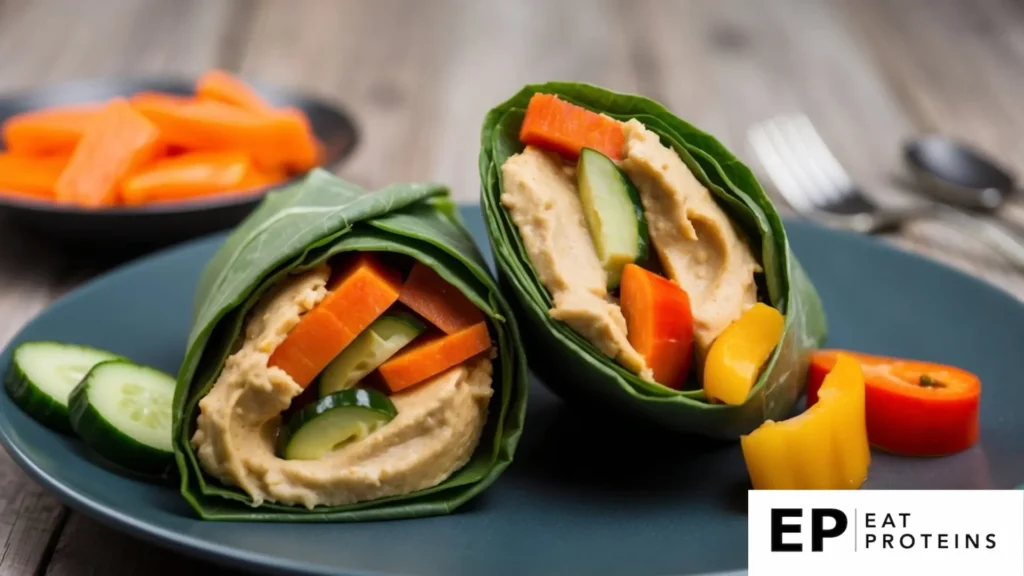 A pair of collard wraps filled with hummus, carrot sticks, and cucumber slices sit on a dark blue plate. The vibrant green collard leaves wrap tightly around the creamy hummus and fresh vegetables. Sliced bell peppers and cucumbers are arranged next to the wraps. In the background, a bowl of carrot sticks is slightly out of focus