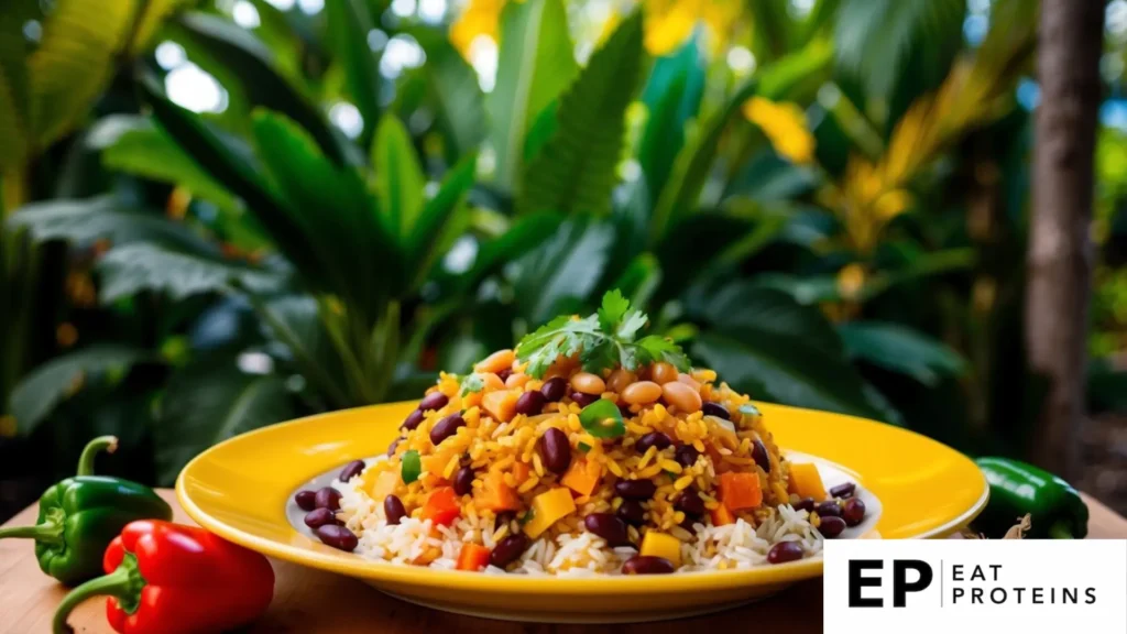 A colorful plate of Costa Rican Gallo Pinto surrounded by fresh ingredients like beans, rice, peppers, and onions, with a vibrant backdrop of tropical foliage