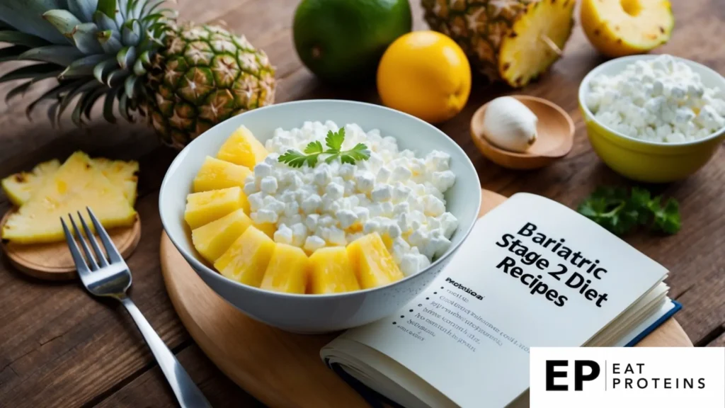 A bowl of cottage cheese with pineapple sits on a wooden table, surrounded by fresh ingredients and a recipe book open to "Bariatric Stage 2 Diet Recipes."