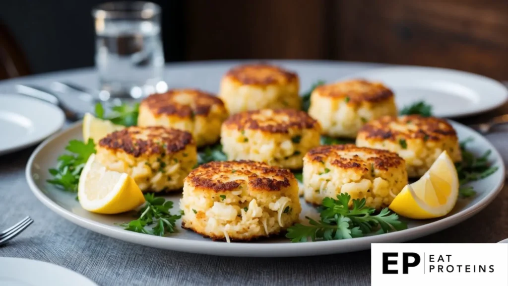 A table set with a platter of golden-brown crab cakes surrounded by fresh herbs and lemon wedges