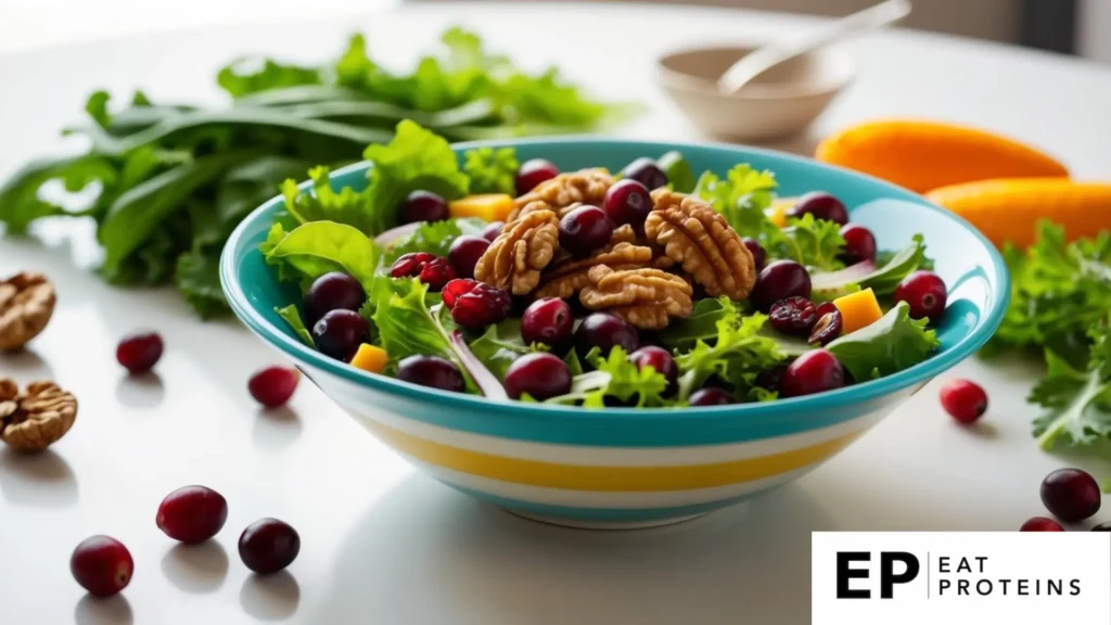 A colorful salad bowl with cranberries and walnuts, surrounded by fresh greens and other vibrant ingredients, sits on a clean, white table