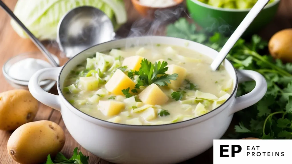 A steaming pot of creamy cabbage and potato soup surrounded by fresh ingredients and a ladle