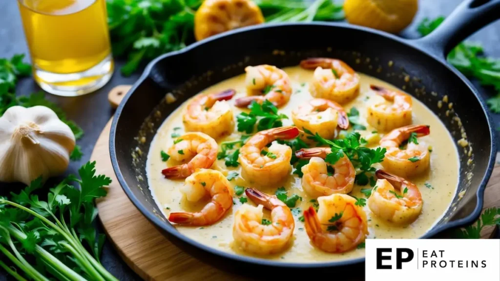 A skillet with sizzling shrimp in a creamy garlic sauce, surrounded by fresh herbs and low-carb vegetables