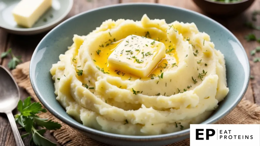 A bowl of creamy mashed potatoes garnished with a dollop of butter and sprinkled with fresh herbs, served on a rustic wooden table