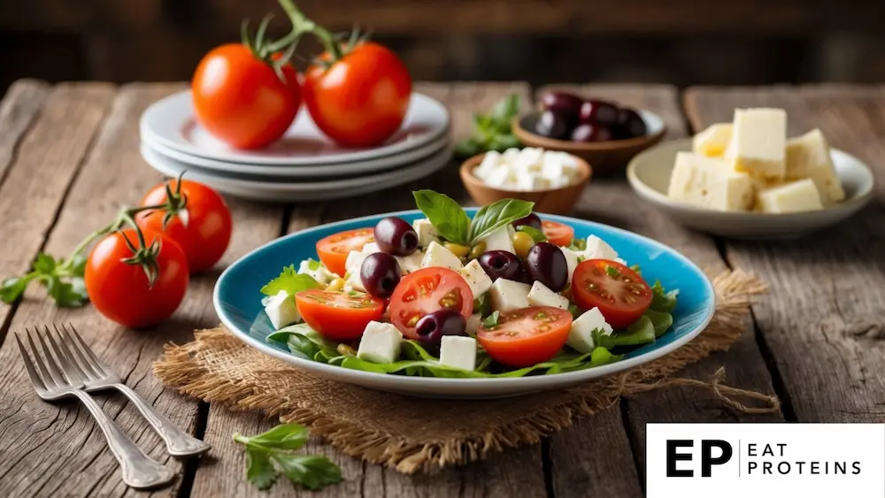 A rustic wooden table with a plate of Cretan Dakos salad surrounded by fresh ingredients like tomatoes, olives, and feta cheese