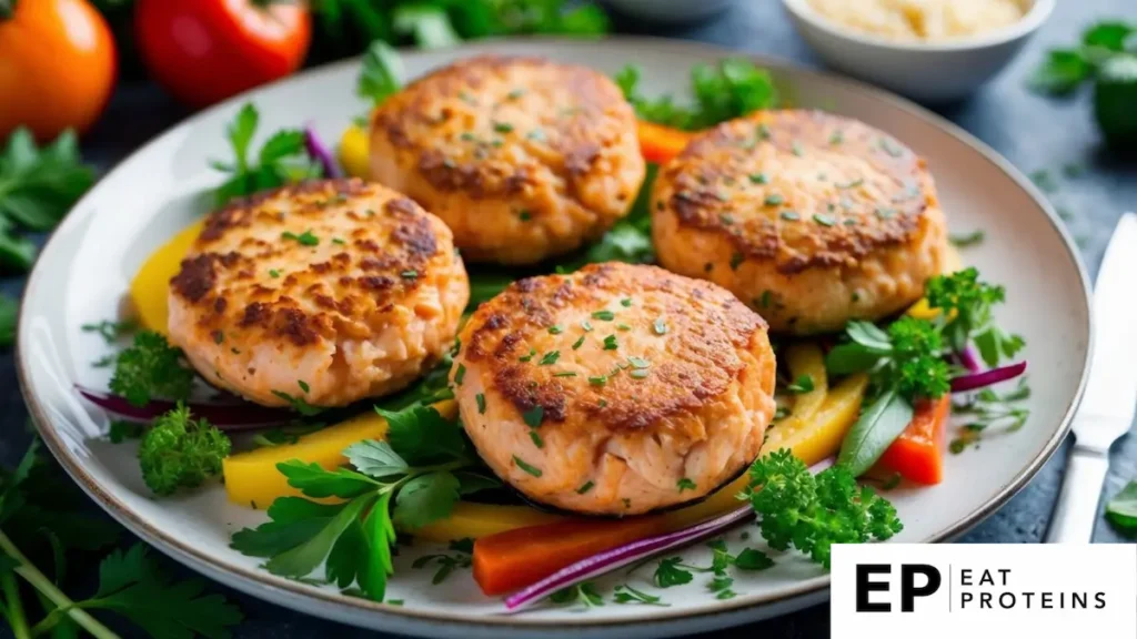 A plate of golden brown salmon patties surrounded by fresh herbs and colorful vegetables