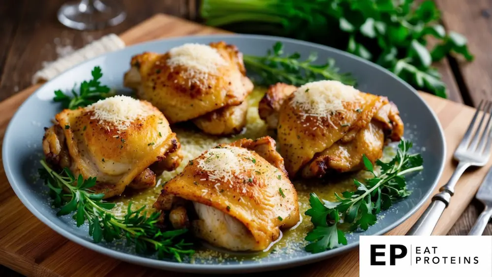 Golden-brown chicken thighs sprinkled with Parmesan cheese, surrounded by fresh herbs and vegetables on a serving platter