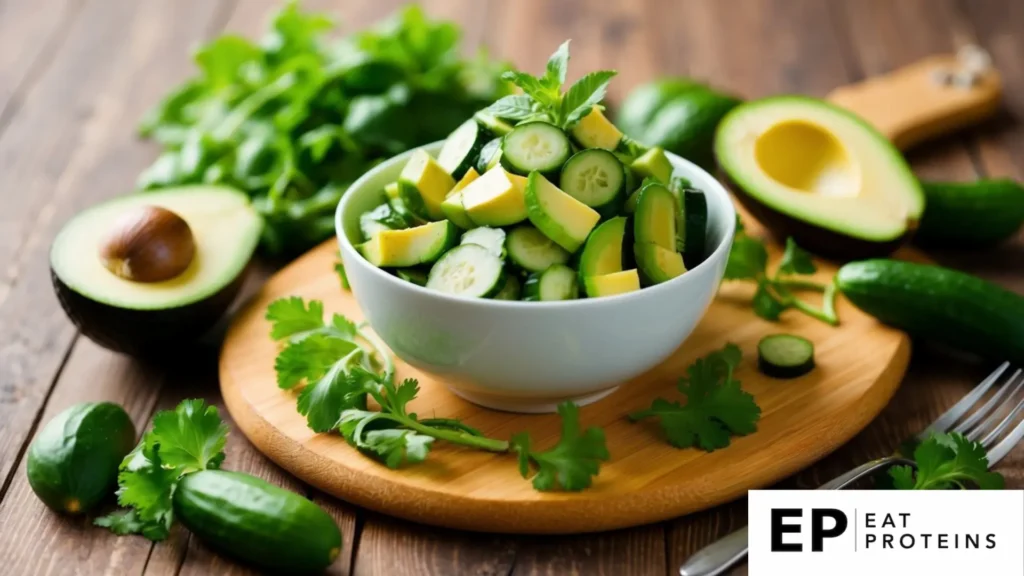 A bowl of cucumber and avocado salad surrounded by fresh ingredients on a wooden cutting board