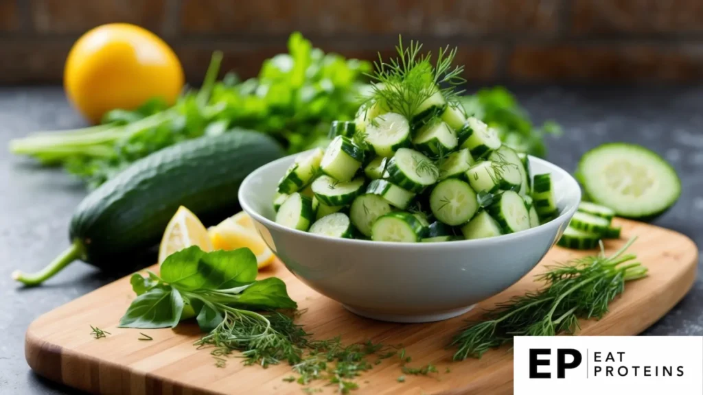 A bowl of cucumber and dill salad surrounded by fresh ingredients and herbs on a wooden cutting board