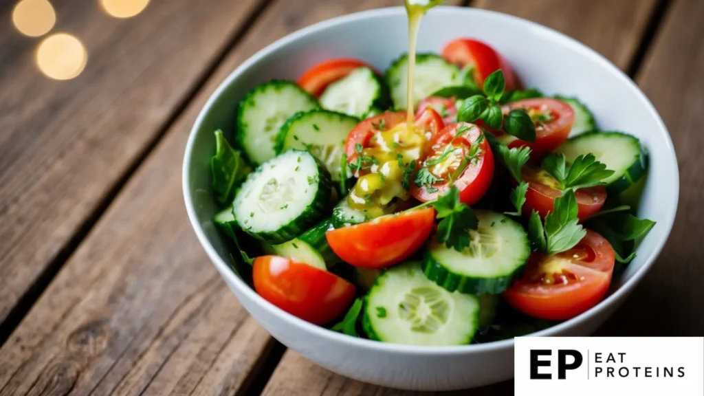 A bowl of sliced cucumbers and tomatoes, mixed with fresh herbs, sits on a wooden table. A light drizzle of vinaigrette glistens on the colorful salad