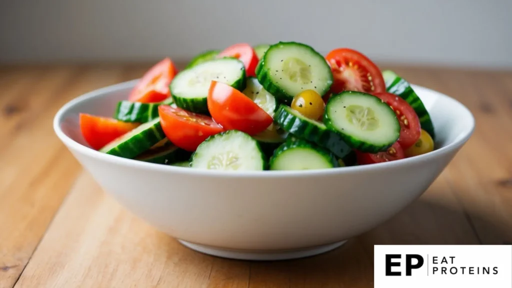 A bowl of sliced cucumbers and tomatoes mixed together, with a light dressing, sitting on a wooden table