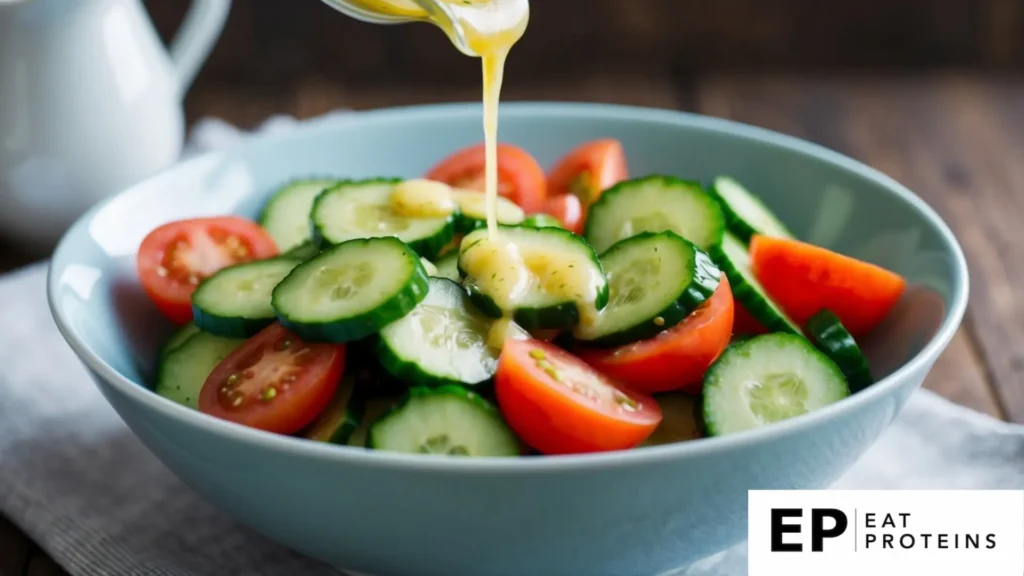 A bowl of sliced cucumbers and tomatoes mixed together, with a light vinaigrette dressing drizzled on top