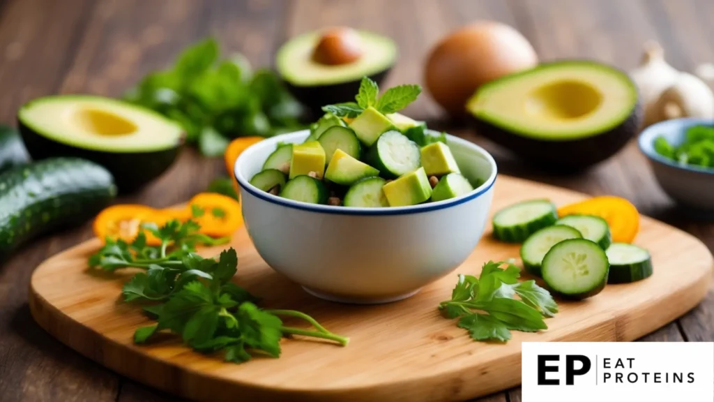 A bowl of cucumber and avocado salad surrounded by fresh ingredients on a wooden cutting board