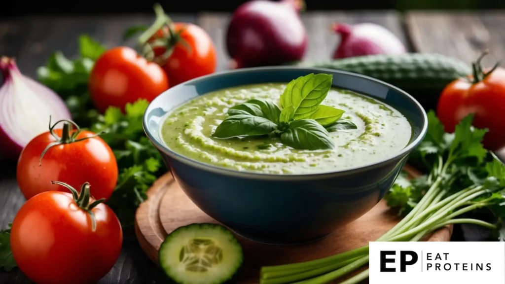 A bowl of cucumber gazpacho surrounded by fresh ingredients like tomatoes, onions, and herbs on a wooden table