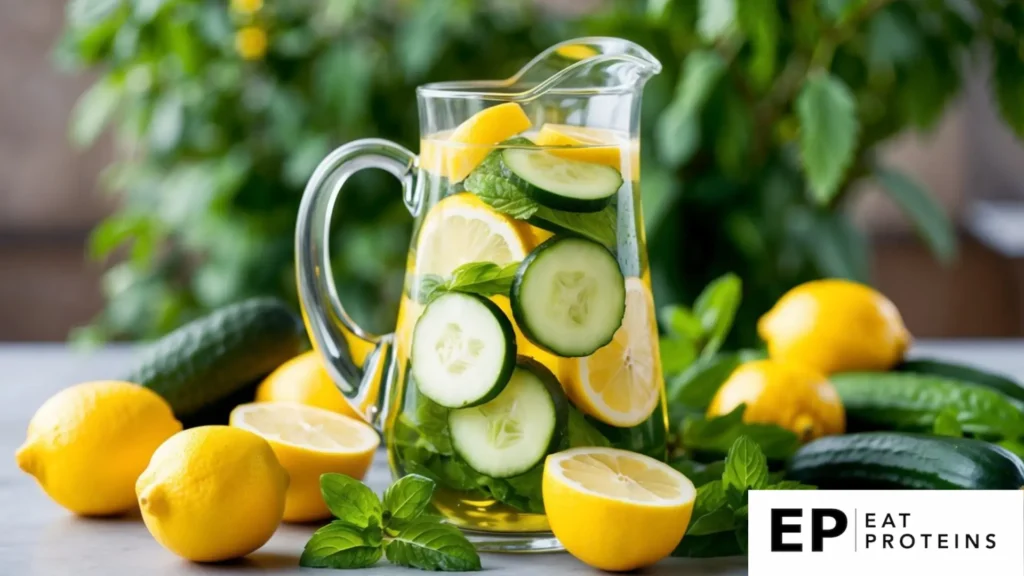 A glass pitcher filled with cucumber slices, lemon wedges, and fresh mint leaves, surrounded by vibrant yellow lemons and green cucumbers