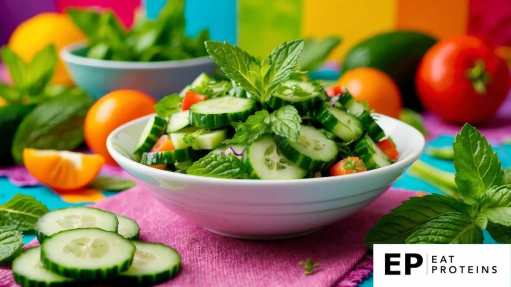 A bowl of cucumber and mint salad surrounded by fresh ingredients and a vibrant, colorful backdrop