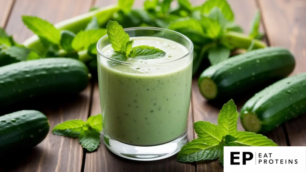 A glass of cucumber mint smoothie surrounded by fresh cucumbers and mint leaves on a wooden table