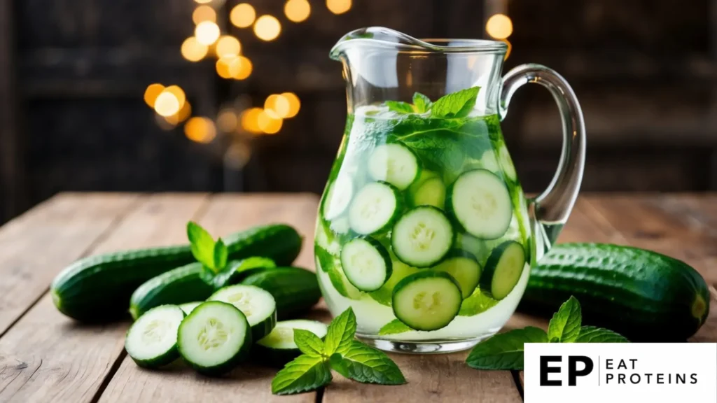 A pitcher of cucumber mint water surrounded by fresh cucumbers and mint leaves on a wooden table