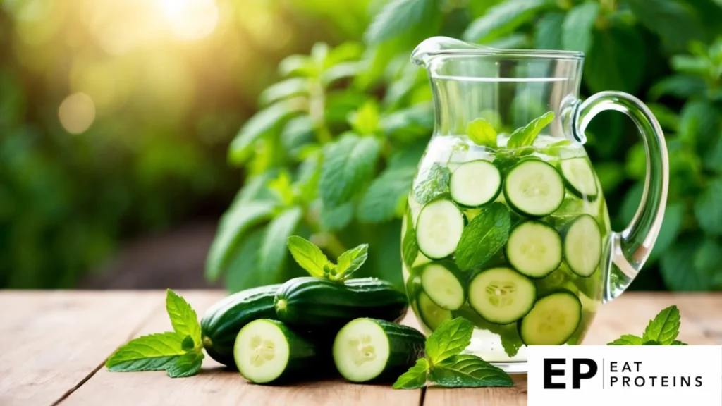 A glass pitcher filled with cucumber mint water surrounded by fresh cucumbers and mint leaves on a wooden table