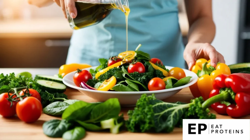 A vibrant assortment of dark leafy greens, including kale, spinach, and arugula, arranged in a bowl with colorful vegetables and nuts